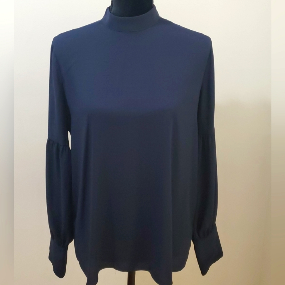 Ann Taylor Egelant Women's Navy Blue Mock Neck Balloon Sleeve Medium Blouse